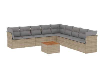 10-piece garden furniture set and cushions, beige woven resin.