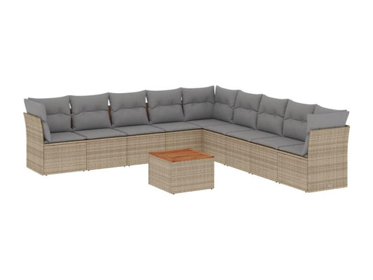 10-piece garden furniture set and cushions, beige woven resin.
