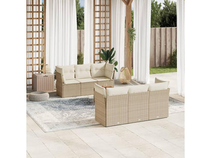 7-piece garden furniture set with cushions, beige woven resin