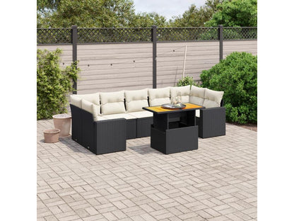 8-piece garden furniture set with cushions, black woven resin WEBR02869