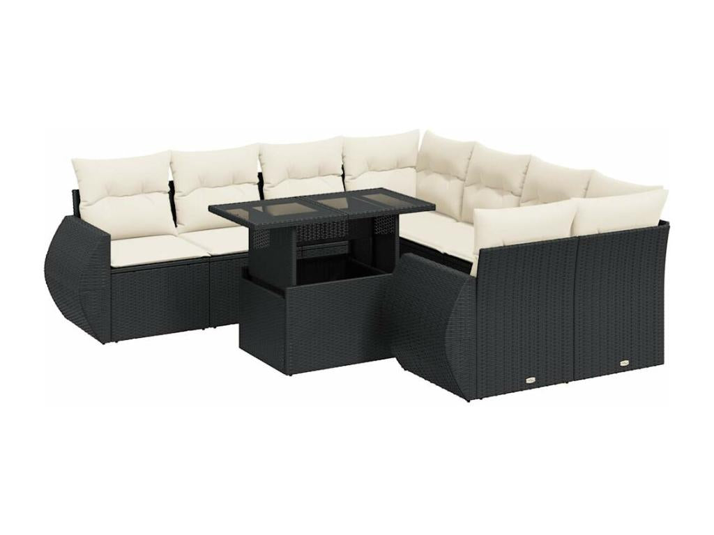 9-piece garden furniture set with cushions, black woven resin LFWA50778
