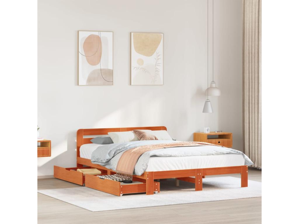 Bed frame without mattress, brown wax finish, 160x200cm, solid pine wood