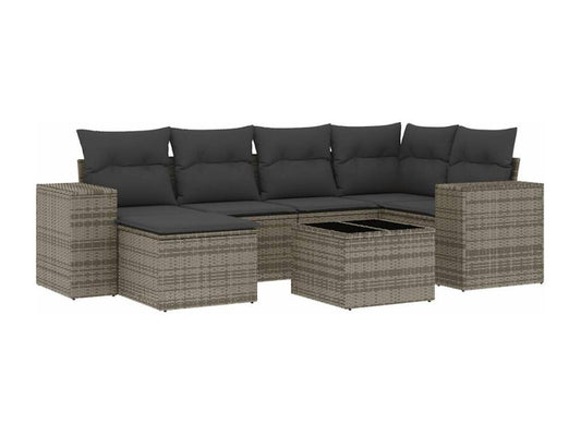 Garden furniture set with cushions, 7 pieces, grey woven resin