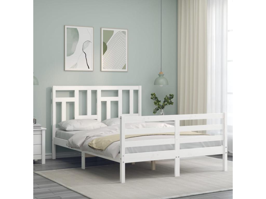 Bed frame with white headboard, small double bed, solid wood THOS71309
