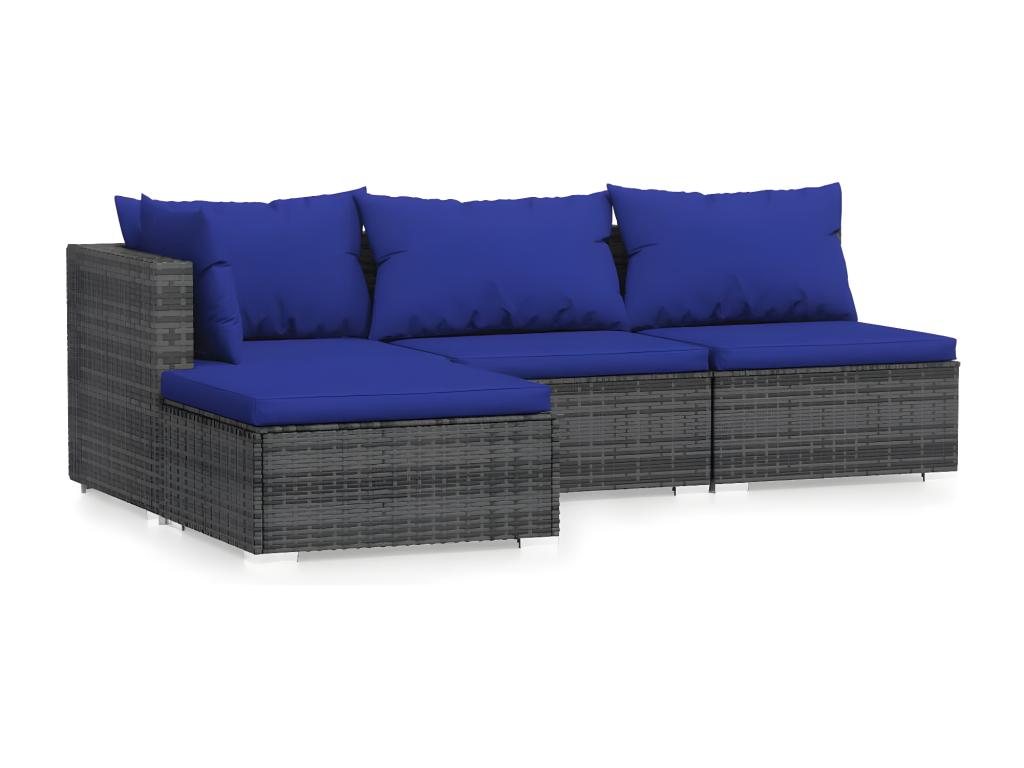 4-piece garden furniture set with cushions, grey woven resin