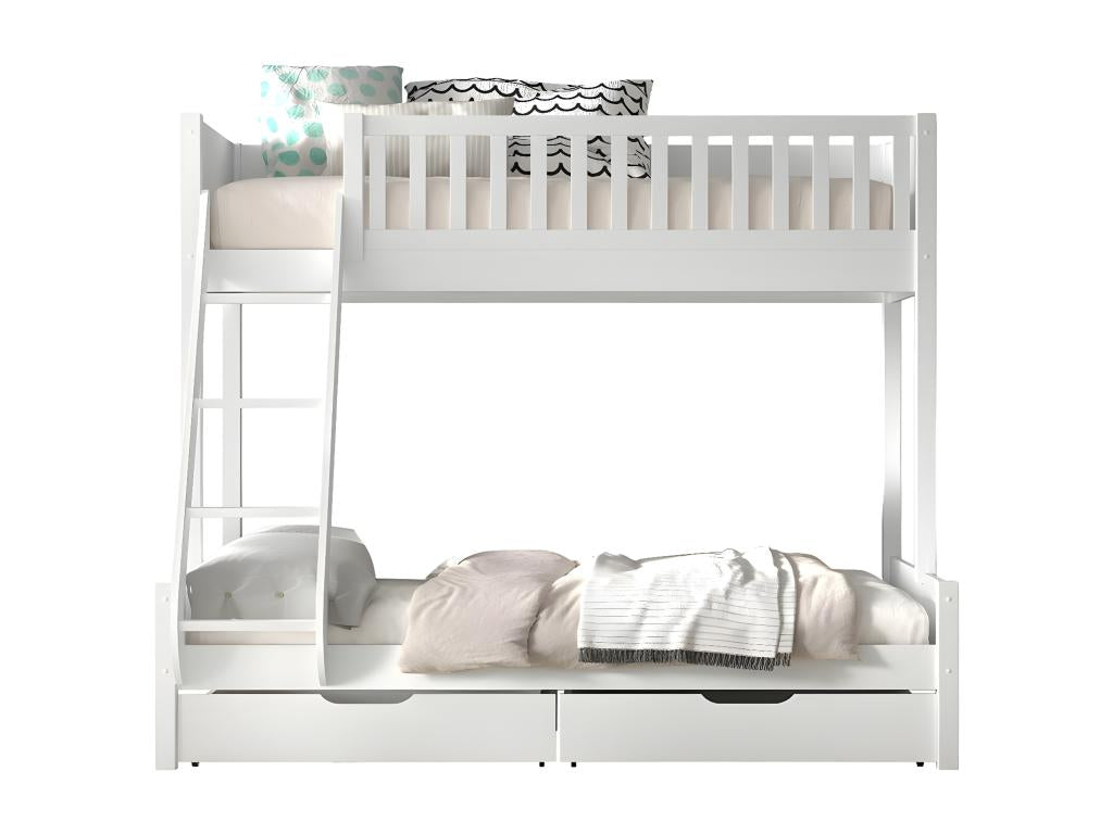 Meublori - Bunk Bed with 2 Drawers in White Lacquered Pine, Sleeping Areas 140x200cm and 90x200cm