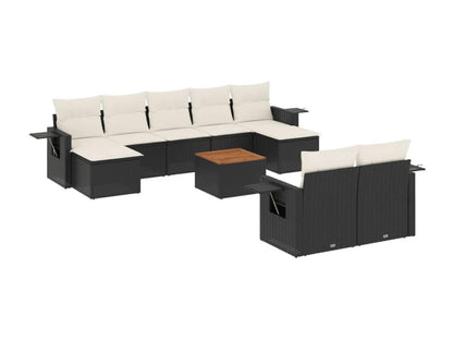 10-piece garden furniture set with cushions, black woven resin