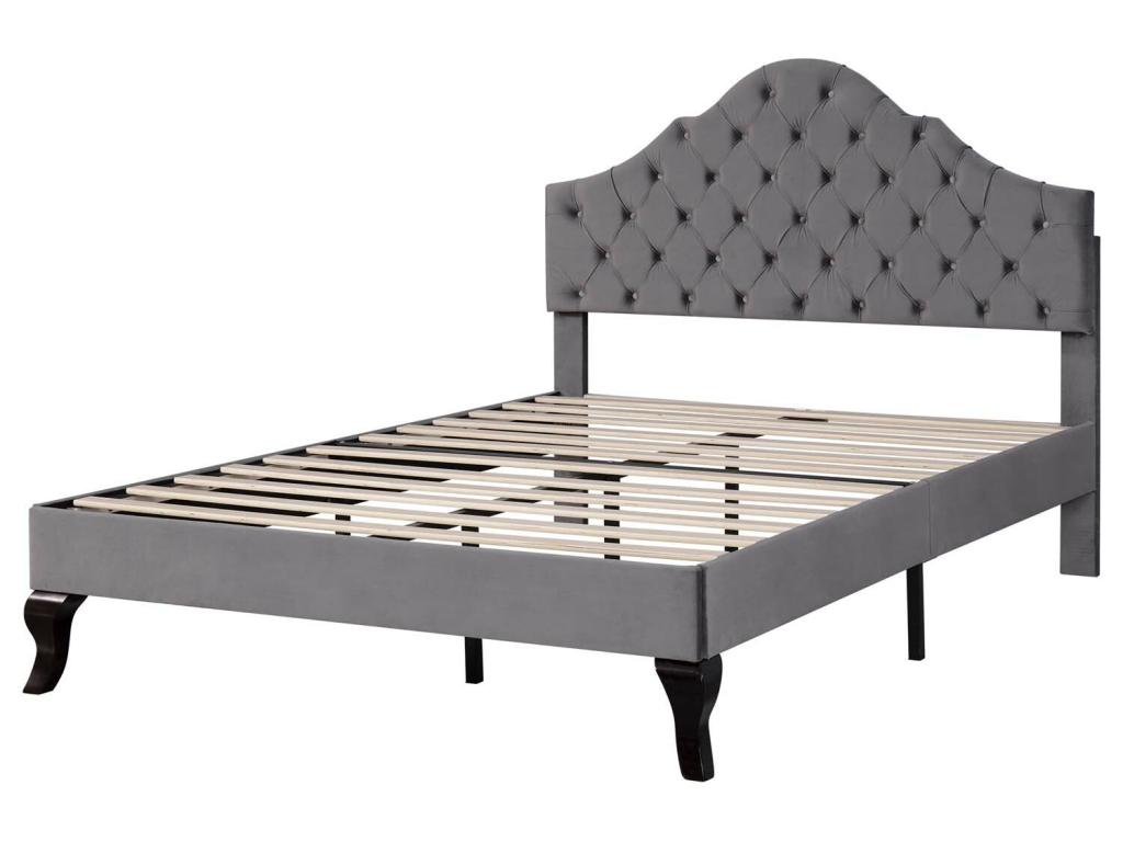 Upholstered 140x200cm velvet bed with adjustable headboard and slatted base by Meublori - Grey