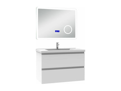 Meublori 80cm White Bathroom Vanity Unit with Single Basin and Dimmable LED Mirror with 3 Colors, Bluetooth, and 3X Magnification