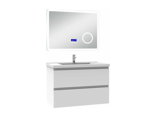 Meublori 80cm White Bathroom Vanity Unit with Single Basin and Dimmable LED Mirror with 3 Colors, Bluetooth, and 3X Magnification