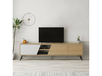 Meublori TV Stand, Living Room Buffet, Low TV Cabinet, Wall-Mounted Storage Unit, 180x36x48 cm, Oak and White