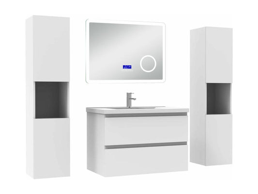 Laviecasa 80cm White Bathroom Vanity Unit with 2 Single Sink Columns and Dimmable LED Mirror with 3 Colors, Bluetooth, and 3X Magnification. FFXT74189