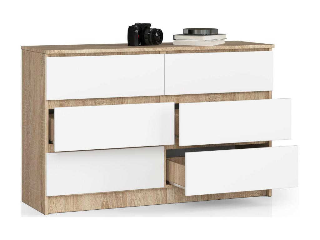 Laviecasa K120 Oak Chest of Drawers, 120 cm, 6 Drawers, White Front, 120x40x77 cm, OYBH42539