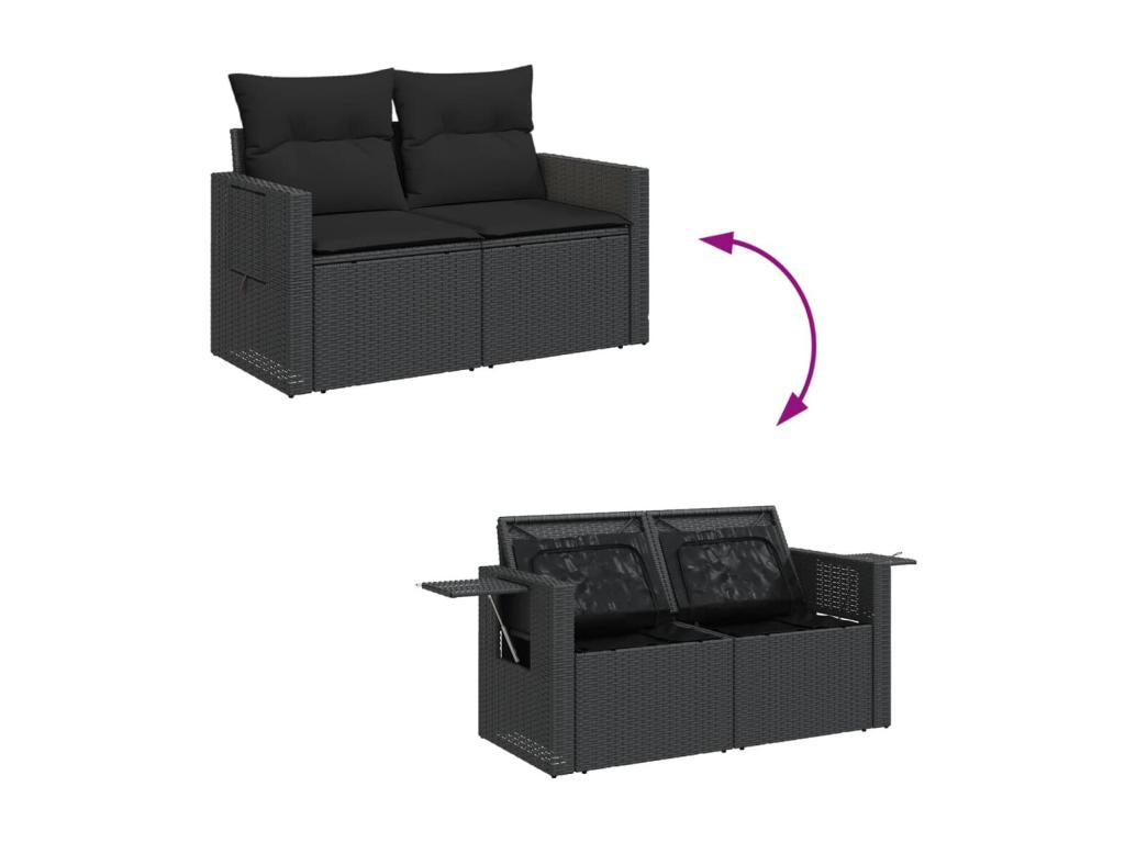 Garden sofa with cushions, 2-seater, black woven resin FKTV58513