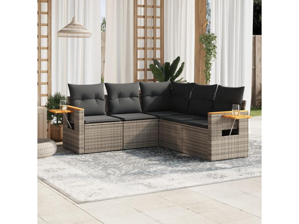 5-piece garden furniture set with grey resin wicker cushions