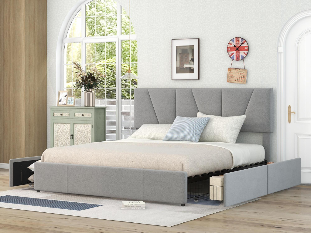 Double bed 160x200cm with 4 drawers, upholstered bed for 2 people, velvet fabric, adjustable headboard, modern design, grey