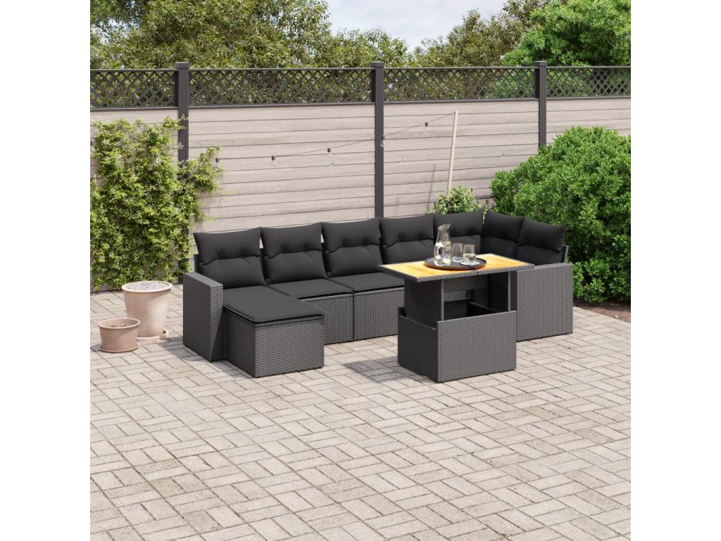 8-piece garden furniture set with cushions, black woven resin