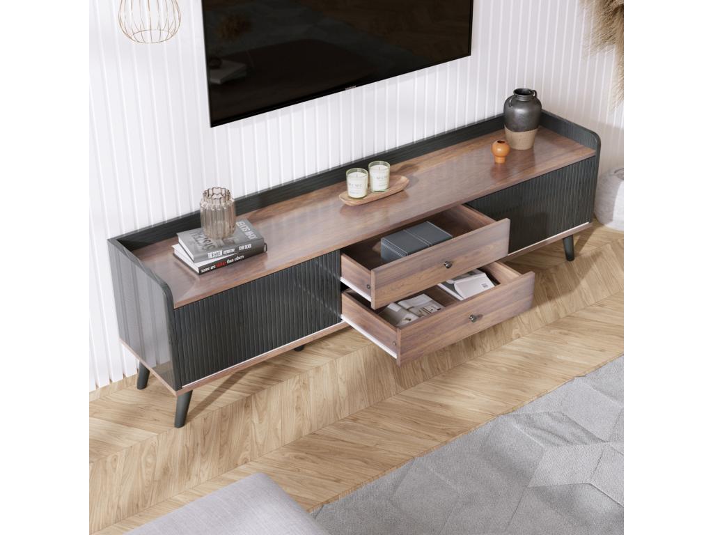 TV stand with two drawers, TV table, TV cabinet, low TV unit with two sliding doors - Exquisite texture - Black and natural wood color.