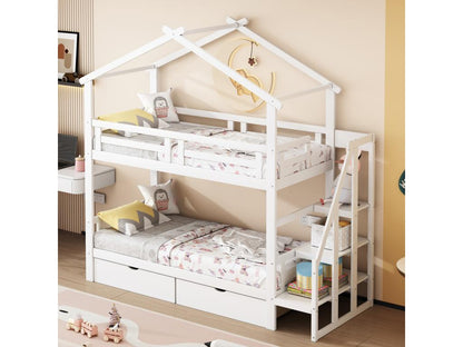 Bunk bed 90x200cm children's cabin bed in solid wood with slatted base, Meublori 2 drawers, storage ladder, white