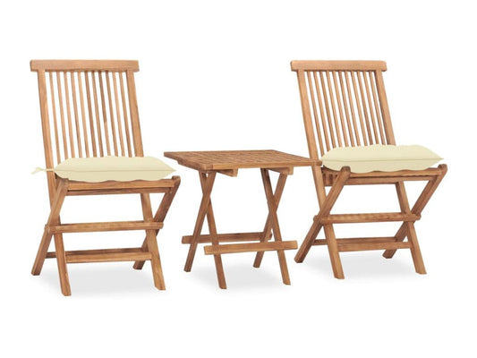 Folding outdoor dining set with cushions, 3 pieces, teak