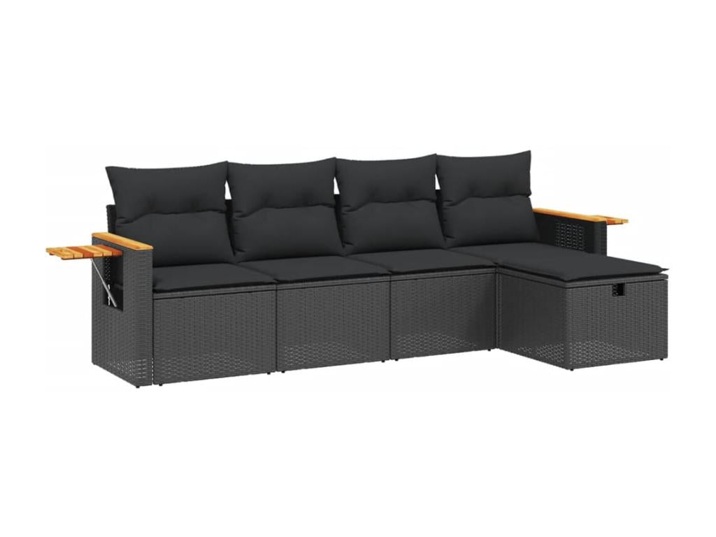 5-piece garden furniture set with cushions, black woven resin