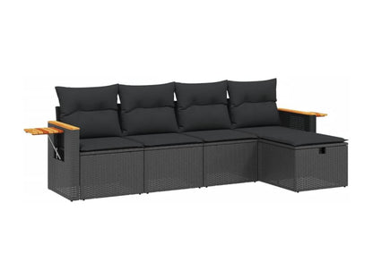 5-piece garden furniture set with cushions, black woven resin