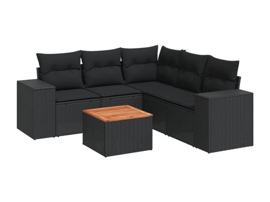 6-piece garden furniture set with cushions, black woven resin NQOM88542