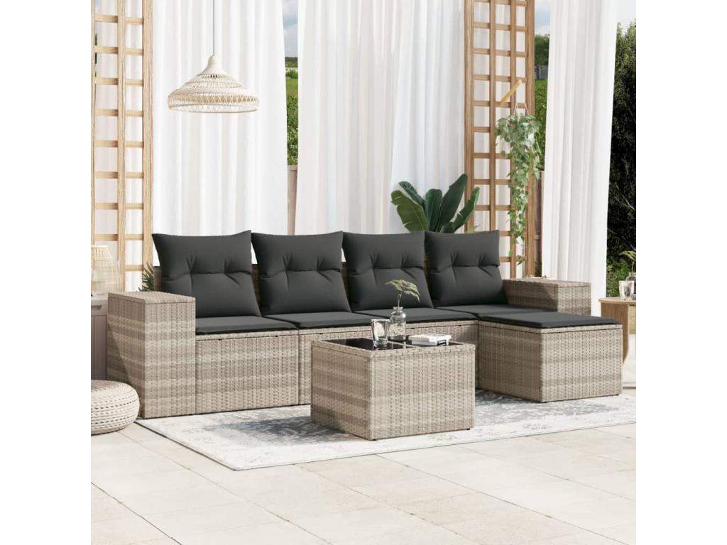 6-piece garden furniture set with light grey cushions, woven resin FNDY76154