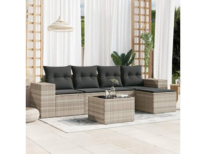 6-piece garden furniture set with light grey cushions, woven resin FNDY76154