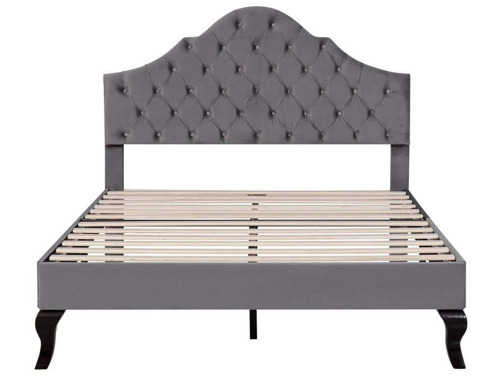Upholstered 140x200cm velvet bed with adjustable headboard and slatted base by Meublori - Grey