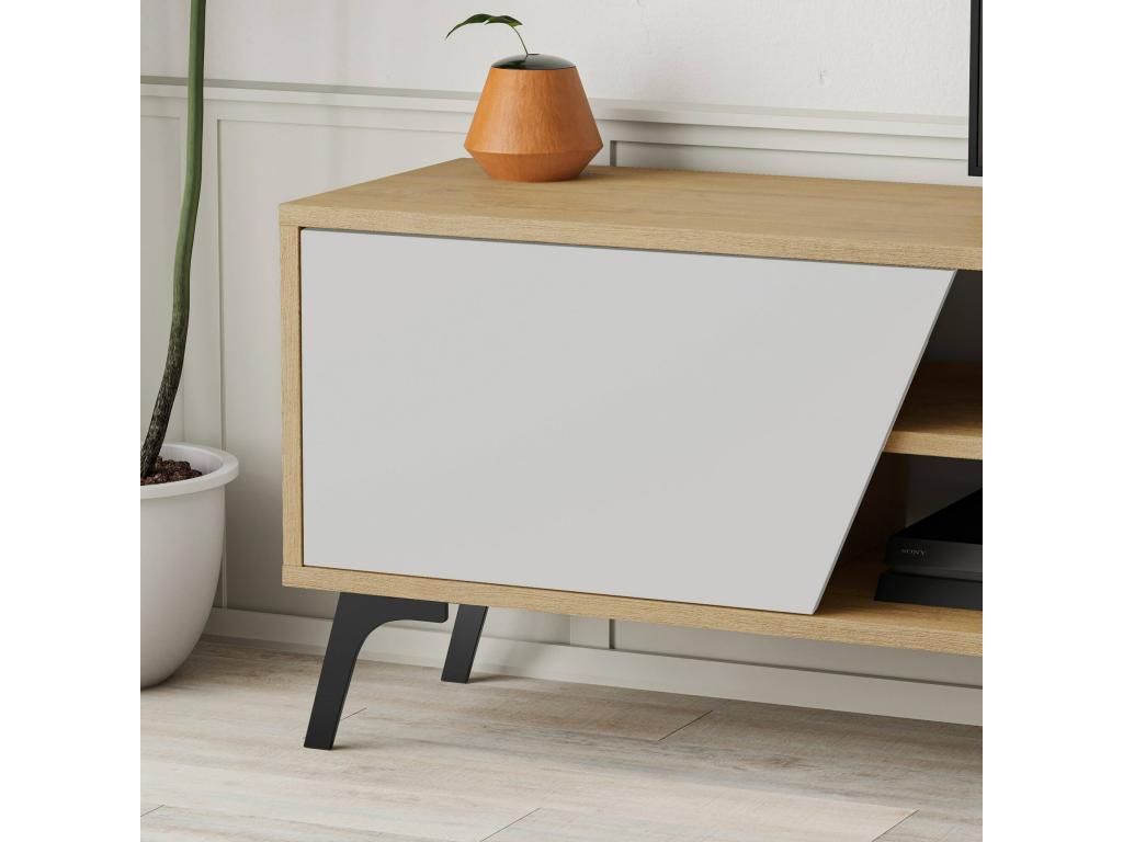 Meublori TV Stand, Living Room Buffet, Low TV Cabinet, Wall-Mounted Storage Unit, 180x36x48 cm, Oak and White
