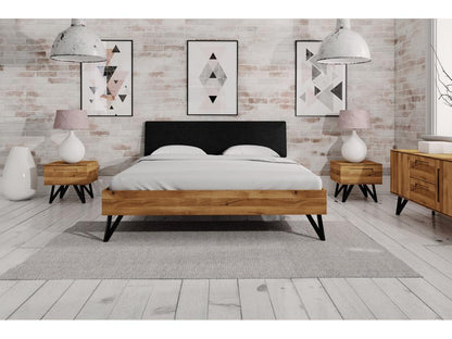 Meublori - Bed with upholstered headboard 140x200 in natural oiled wild oak