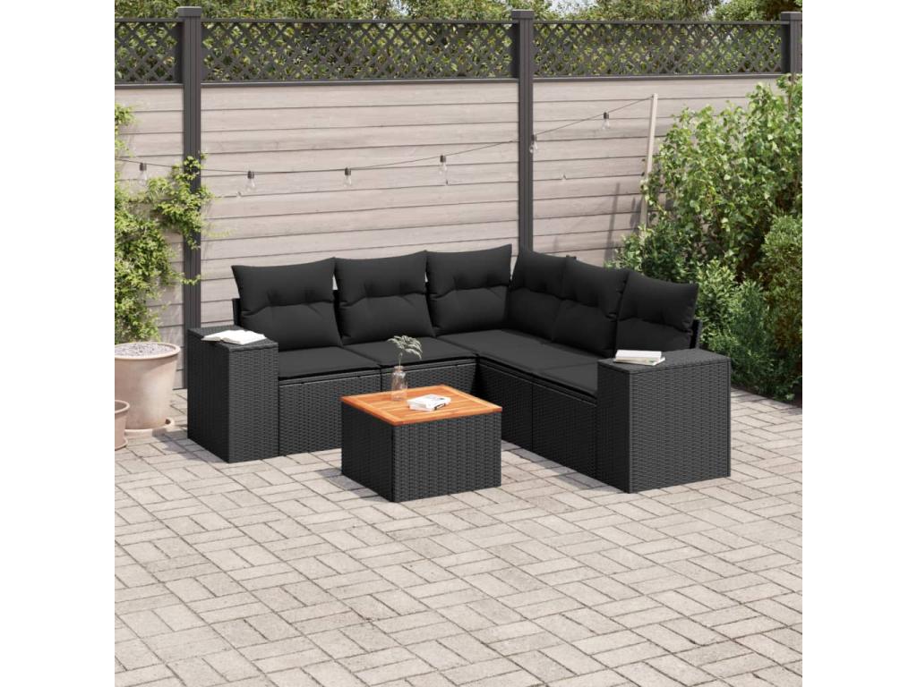 6-piece garden furniture set with cushions, black woven resin NQOM88542