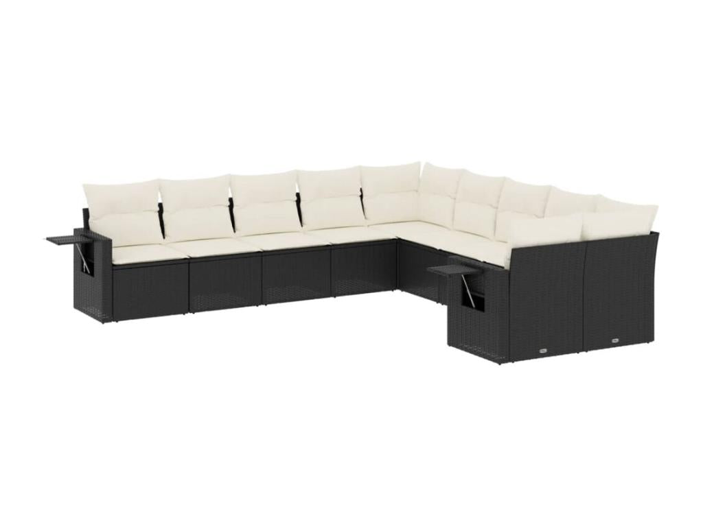 10-piece garden furniture set with cushions, black woven resin