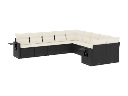 10-piece garden furniture set with cushions, black woven resin