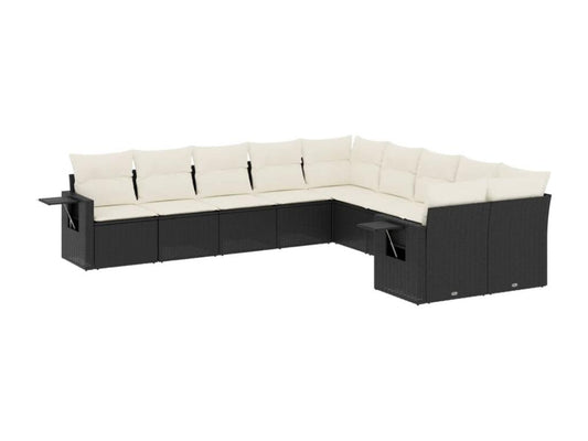 10-piece garden furniture set with cushions, black woven resin