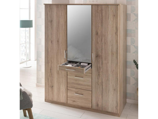 Wardrobe with 3 doors, including 1 mirror, and 4 drawers - W135 cm