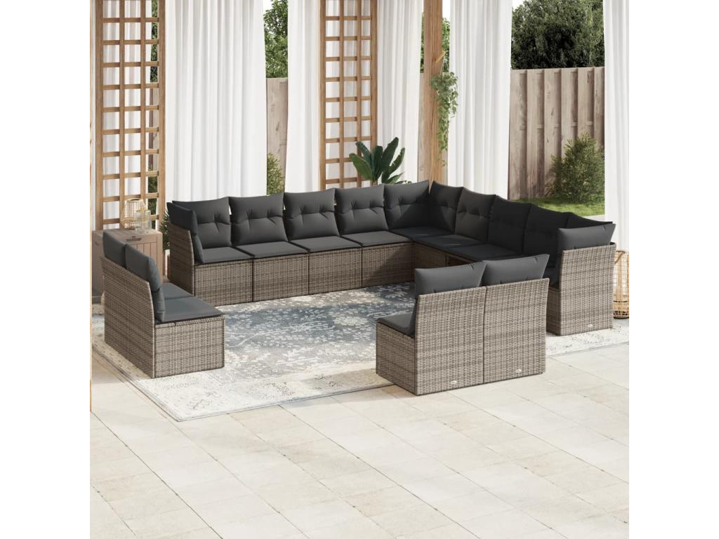 Garden furniture set with cushions, 13 pieces, grey woven resin JFTA48101
