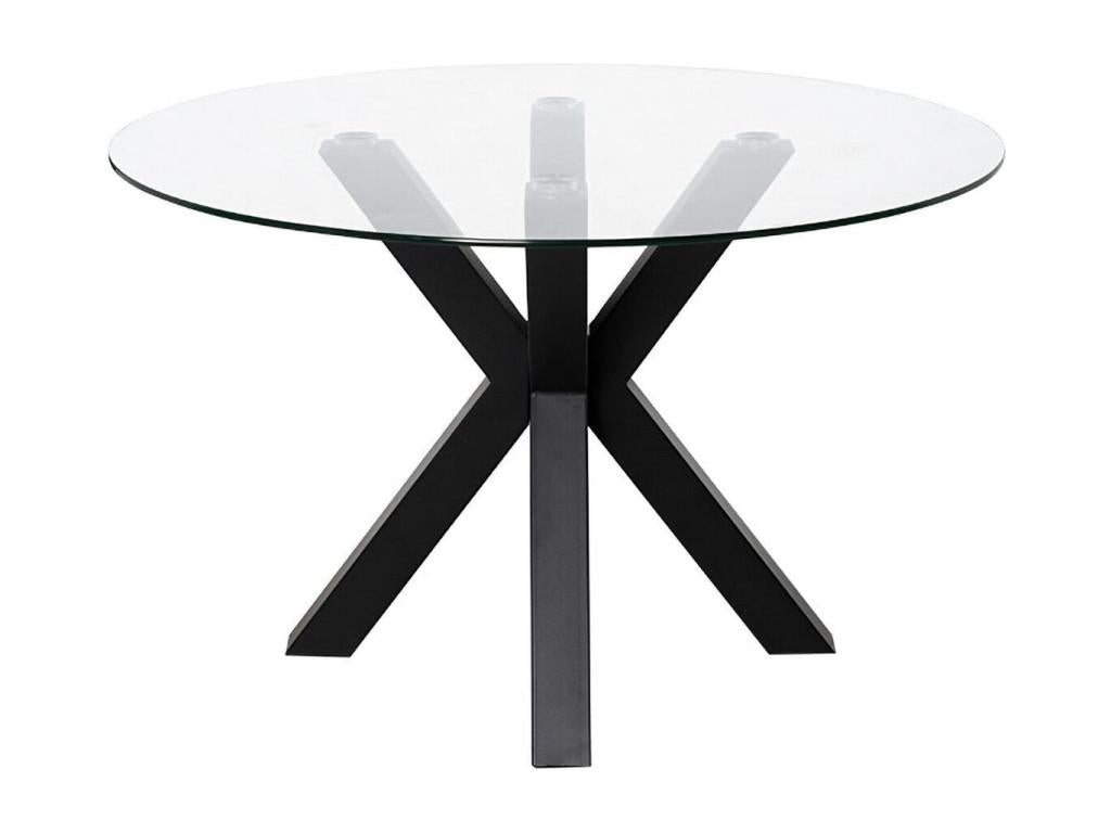 Meublori Modern Round Table – Glass Top and Crossed Metal Legs – Black – Diameter 120 cm