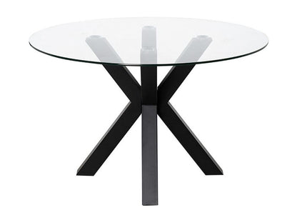 Meublori Modern Round Table – Glass Top and Crossed Metal Legs – Black – Diameter 120 cm