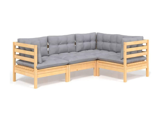 4-piece garden furniture set with grey cushions, pine wood FXGA05335