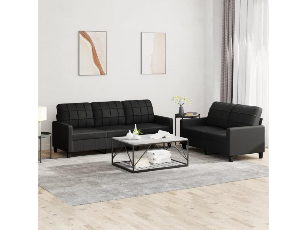 2-piece sofa set with cushions, black faux leather, MIXH42887