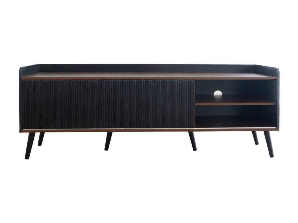 TV stand with two drawers, TV table, TV cabinet, low TV unit with two sliding doors - Exquisite texture - Black and natural wood color.