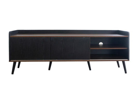 TV stand with two drawers, TV table, TV cabinet, low TV unit with two sliding doors - Exquisite texture - Black and natural wood color.