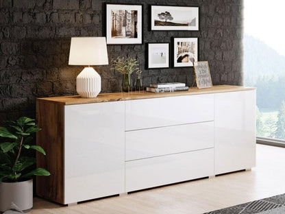 Laviecasa 129 Chest of Drawers, Glossy White - Oak Finish, with Drawers and Doors, 68x150x39cm, UPRC67420