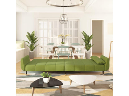 2-seater sofa bed with two pillows, light green velvet