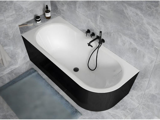 Black and white corner bathtub with Meublori siphon and drain included. Headrest - Meublori S CLASS - LEFT - 170x75 cm