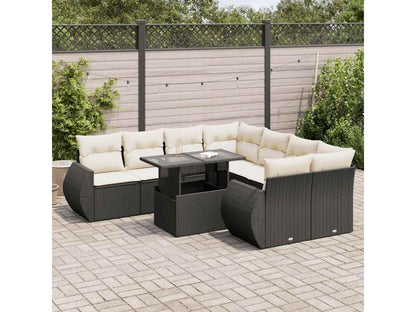 9-piece garden furniture set with cushions, black woven resin LFWA50778