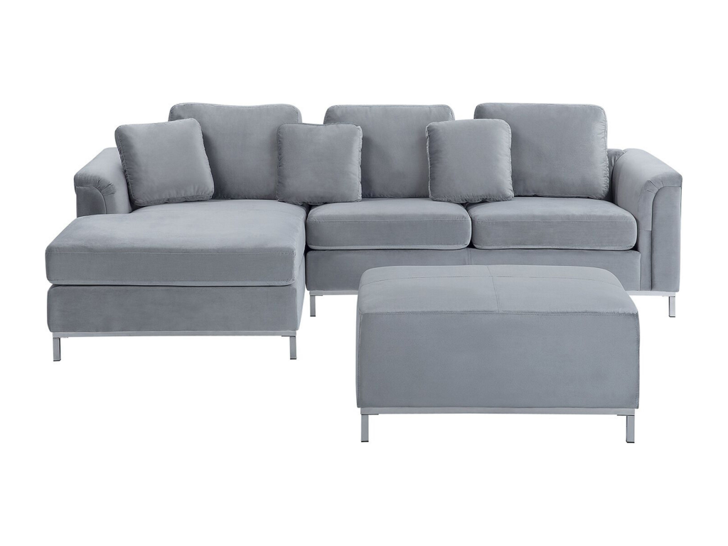 Left-hand corner sofa in grey velvet and ottoman with removable covers.