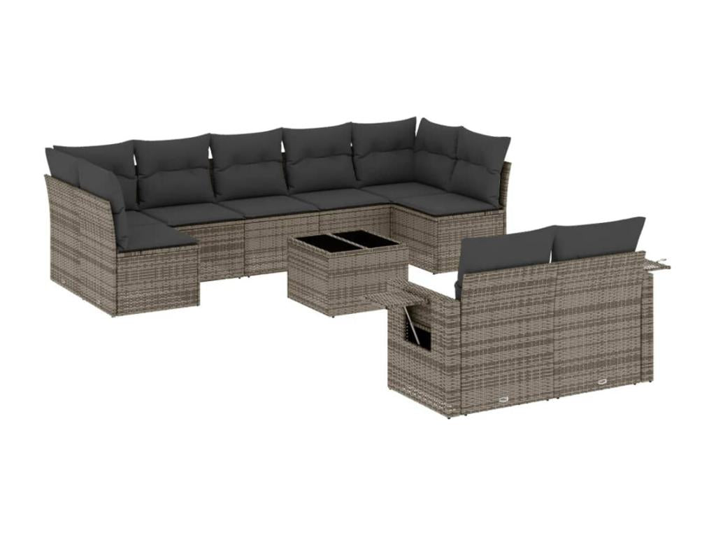 Garden furniture set with 10 cushions, grey woven resin